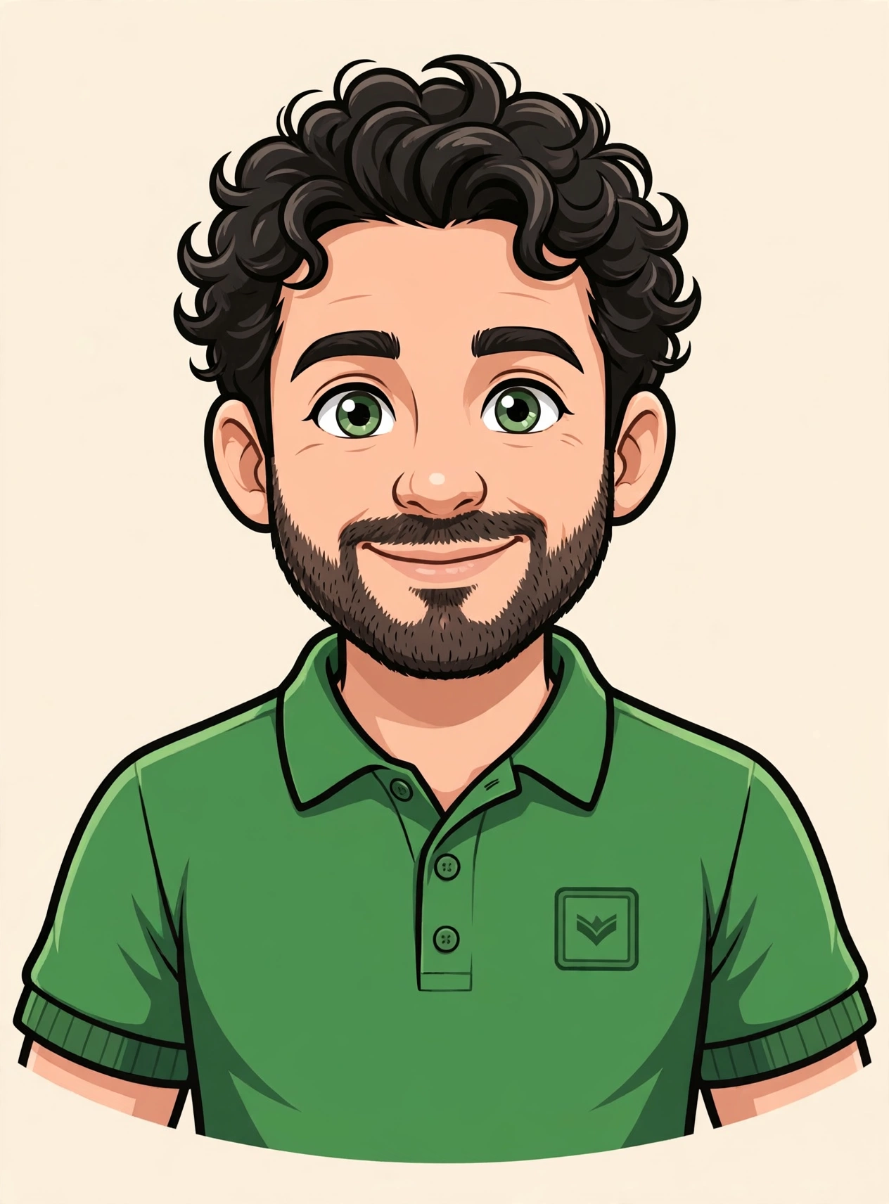 Cartoon portrait of owner Mark Morrison in a green polo shirt
