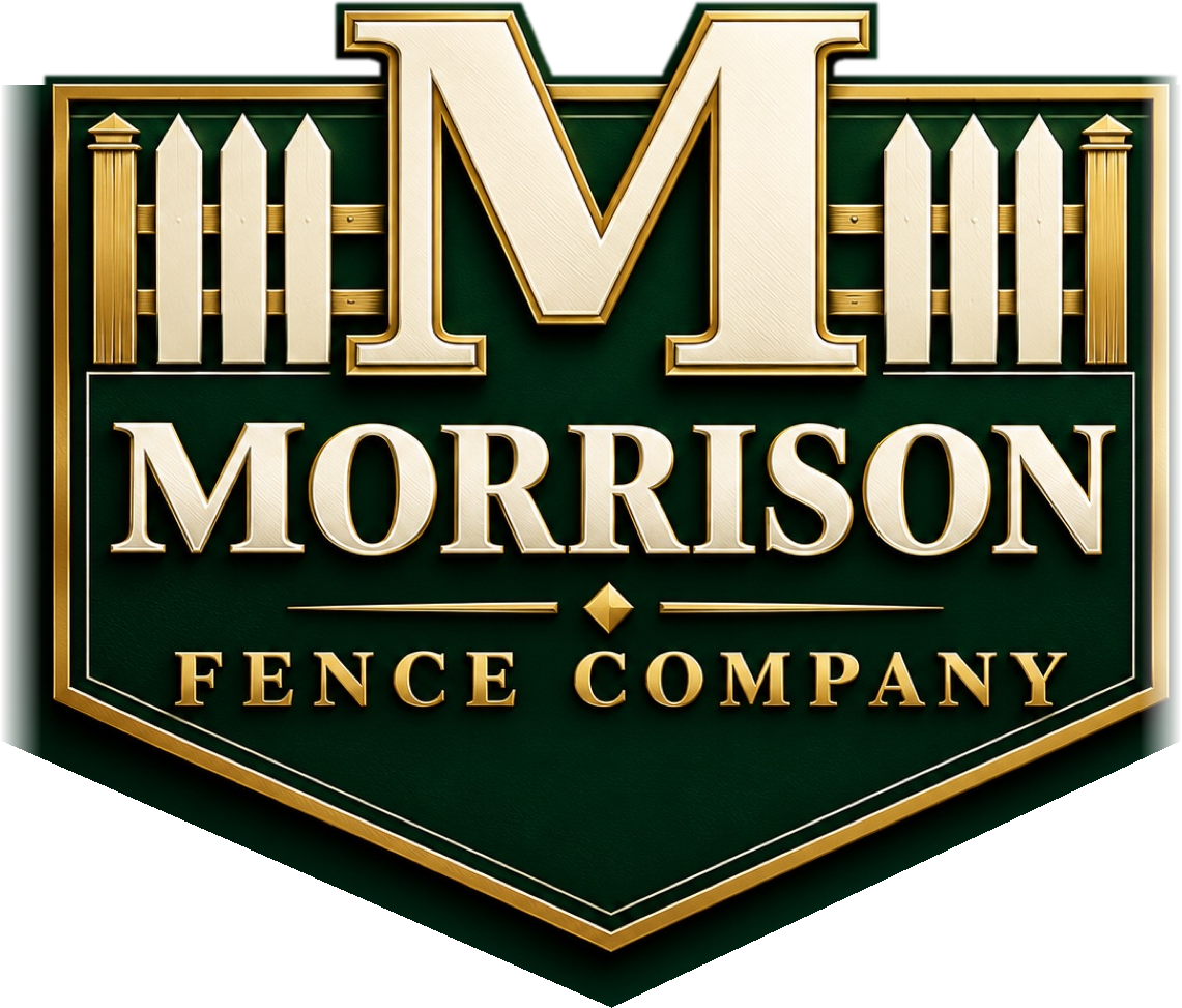 Morrison Fence Company emblem with gold fence details
